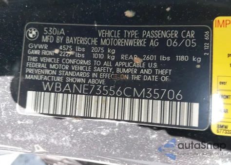 2006 BMW 530I from USA, damaged, VIN WBANE73556CM35706